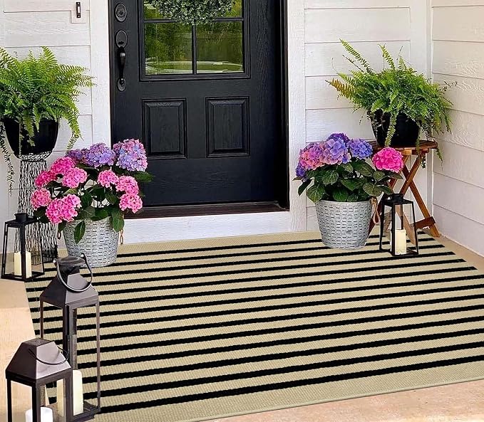 BUAGETUP Outdoor Rug 3'x 5',Black and Khaki Striped Porch Rug Cotton Woven Washable Rug Indoor/Outdoor Area Rug Floor Mat for Farmhouse Living Room Bedroom