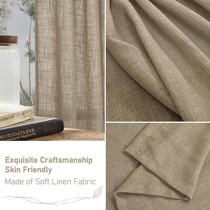 LAMIT Semi Sheer Linen Curtains 45 Inches Long, Light Filtering Panels Back Tab and Rod Pocket Country Decor Drapes for Farmhouse/Window/Bedroom, Taupe, 2 Panels, 52 x 45 Inch