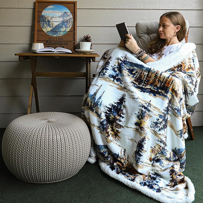 Indigo Hill by HiEnd Accents Acadia Sherpa Throw Blankets, Forest Pine Trees Nature Woodland Mountain Print Western Blanket for Camping Outdoor, Cabin Lodge Rustic Sherpa Fleece Blanket, 54x68 inch