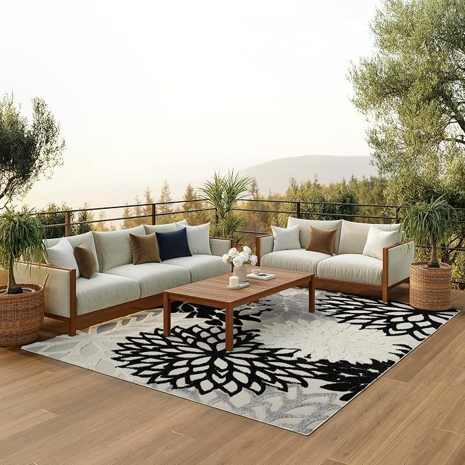 Nourison Home Aloha Indoor/Outdoor Black White 7' x 10' Area Rug, Tropical, Botanical, Easy Cleaning, Non Shedding, Bed Room, Living Room, Dining Room, Deck, Backyard, Patio (7x10)