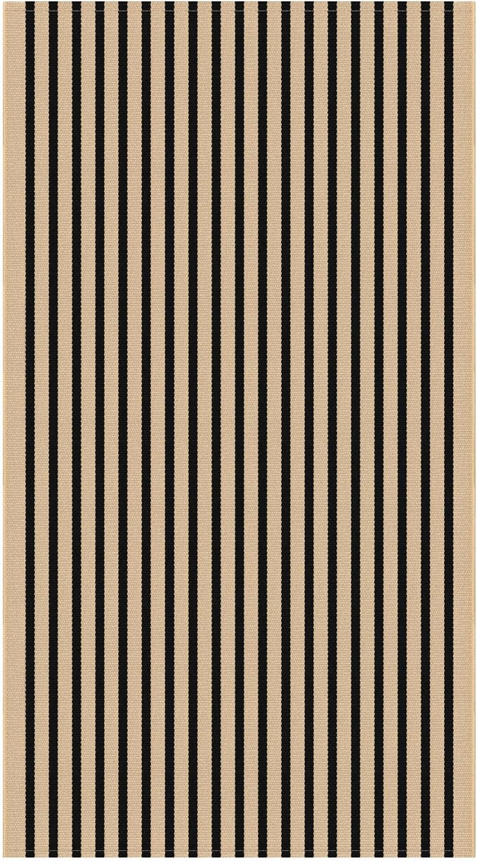 IOHOUZE Striped Area Rug 5'x7' Indoor Outdoor Rug, Washable Area Rug for Living Room, Large Patio Rug, Cotton Striped Rugs for Patio Living Room Bedroom, Tan/Black