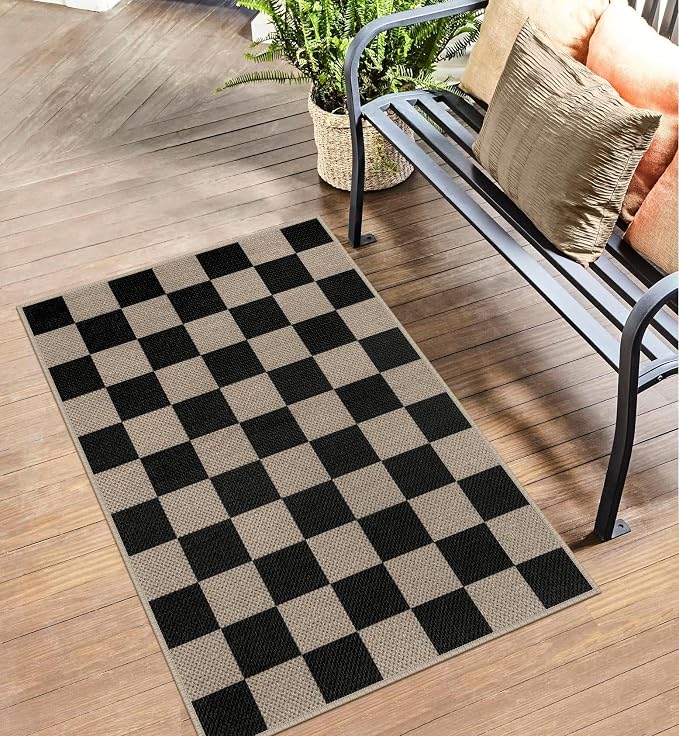 Rugalia Easy Jute Checkered Entryway Rug, 2.6x4 Black Modern Indoor Outdoor Doormat, Washable Non-Slip Neutral Kitchen Rug Farmhouse Checkerboard Throw Rugs for Entrance Bedroom Bathroom
