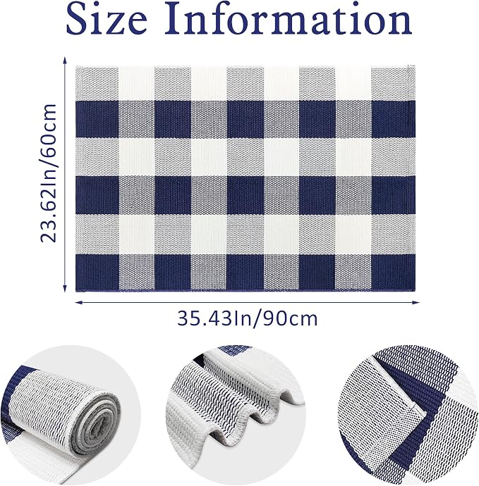 Buffalo Plaid Outdoor Rug 2x3 Cotton Woven Navy and White Checkered Doormat Washable Front Porch Mat Fall Layered Carpet for Indoor Outdoor Entryway Farmhouse Decor Area Rug