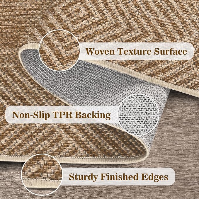 Easy Jute Rug 8x10 Outdoor Patio Rug with Border, Washable Farmhouse Non Slip Living Room Rug with Rubber Backing Indoor Outdoor, Non Shedding Carpet for Bedroom, Courtyard, Light Brown