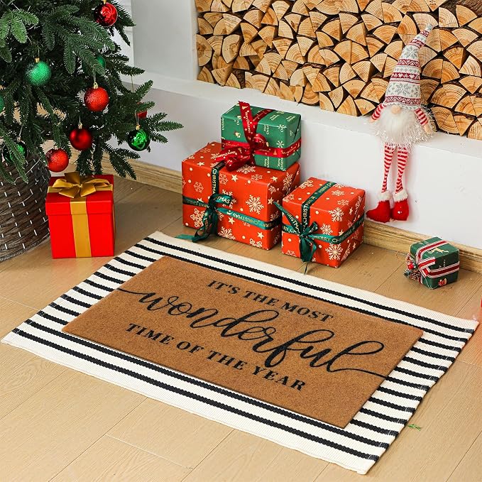 Moucuny 2 Christmas Coir Outdoor Mat, Non Slip | It Is The Most Wonderful Time of The Year Welcome Mat Black White Rug Front Porch Entryway Decor, 24'' x 35'', 16'' x 28''
