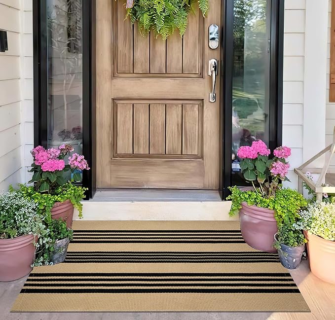 Front Outdoor Door Mat 2'x3',Khaki and Tan Striped Outdoor Rug Machine Washable Cotton Layered Door Mat Entryway Throw Rug for Indoor Entrance