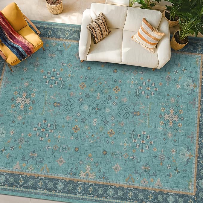 Boho 8x10 Large Teal Green Rugs for Living Room - Vibrant Turquoise Rug for Bedroom under Bed, Dining Room under Kitchen Table, Washable Soft Non Slip Unique Aqua Colorful Indoor Décor teal area rug