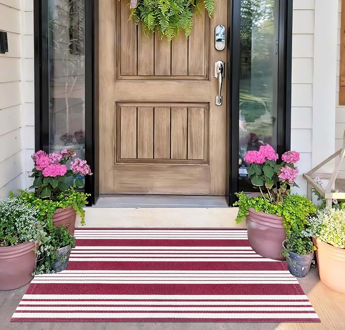 Red and White Striped Outdoor Rug 24'' x 35'' Door Mat Outdoor Machine Washable Welcome Mats Cotton Hand-Woven Entryway Rug for Front Porch/Entryway/Laundry/Bathroom/Bedroom
