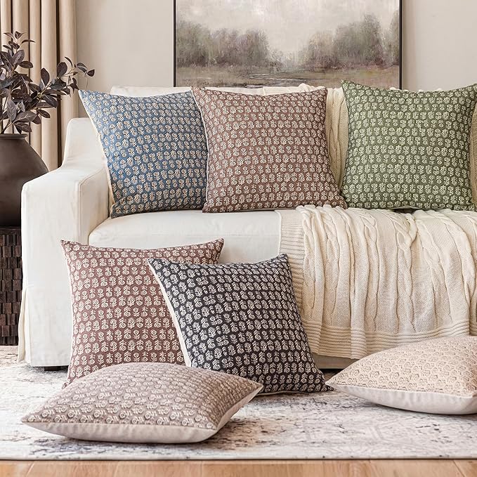 Foindtower Set of 2 Decorative Vintage Floral Print Throw Pillow Covers Neutral Modern Farmhouse Cushion Covers Boho Home Decor for Sofa Couch Chair Bedroom Living Room,22×22 Inch,Wine Red