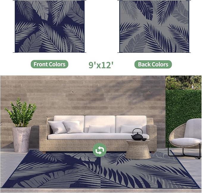 GENIMO Outdoor Rug, Waterproof Plastic Rugs for Patio, 9'x12' Blue Grey | Outside Larger Leaf Carpet Mat for Porch Decor, Deck, Balcony, Camping, RV, Backyard, Picnic, Beach, Reversible, Foldable
