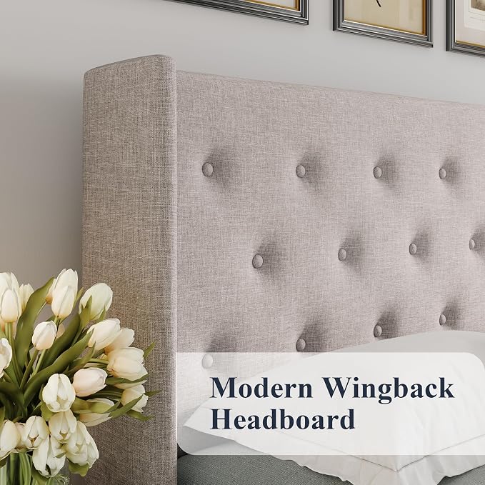 Allewie Queen Size Lift Up Storage Button-Tufted Bed Frame Light Beige | Modern Wingback Headboard, Hydraulic Support Storage, No Box Spring Needed