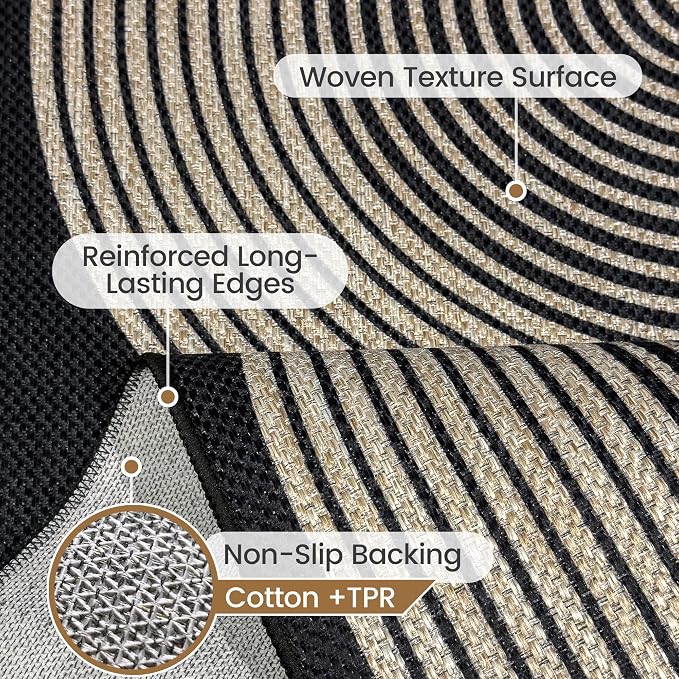 Washable Rainbow Easy Jute Rug 3x5, Black Outdoor Indoor Patio Modern Geometric Neutral Small Rugs, Woven Non Slip Thin Carpet Mat for Living Bedroom Entryway Front Door Farmhouse Doorway Kids