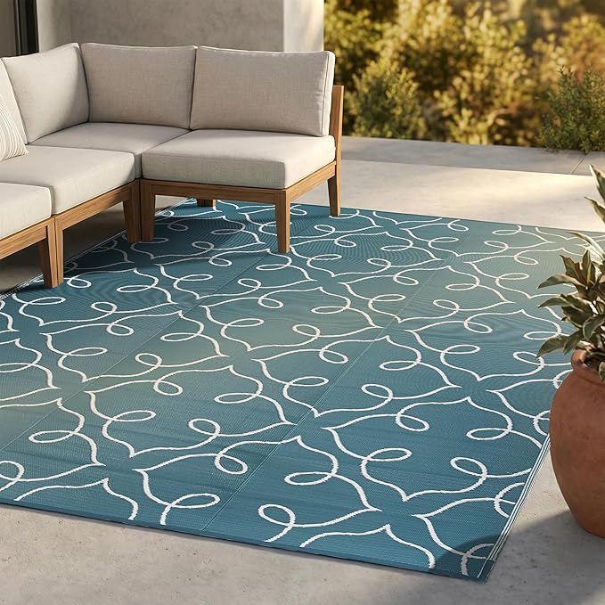 FH Home Outdoor Camping Rug - Waterproof, Fade Resistant, Reversible - Premium Recycled Plastic - Moroccan Lattice Tile - Large Patio, Deck, Sunroom, RV - Syracuse - Sea Green - 9 x 12 ft Foldable