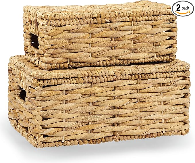 84ECO Set of 2 Wicker Baskets with Lid - Decorative Storage Boxes for Home Decor, Shelves - Woven Basket with Lid - Wicker Decor - Rattan Box - Decorative Bins with Lids (Natural)