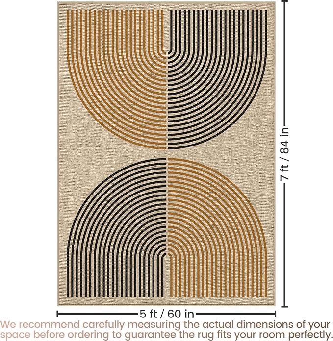 Washable Rainbow Easy Jute Rug, 5x7 Outdoor Indoor Patio Modern Geometric Contemporary Large Rugs, Low Pile Lightweight Non Slip Carpet Mat for Living Dining Room Bedroom Classroom Backyard Farmhouse