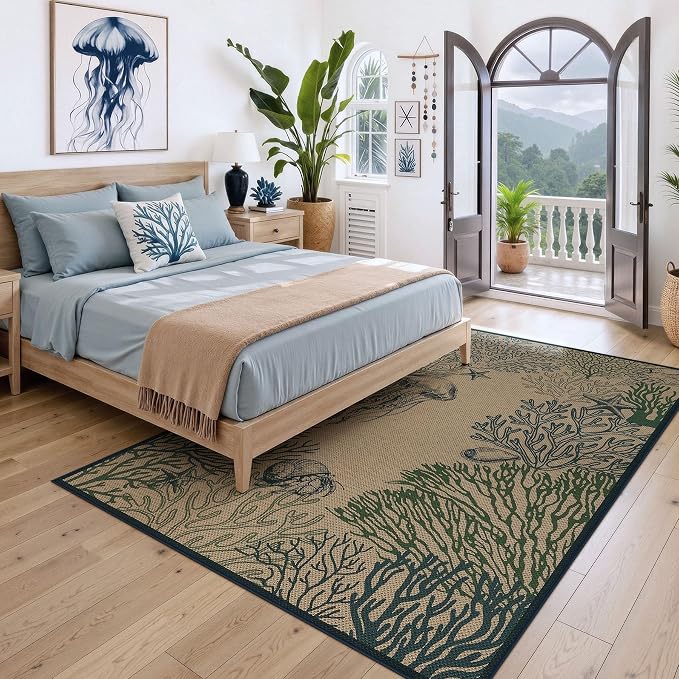 Tribesigns 5x7 Blue Green Coastal Easy Jute Area Rug for Living Room | Washable, Non-Slip Ocean Animal Design for Bedroom, Dining Room, Patio, Backyard and Beach House Decor, Includes 4 Rug Tapes