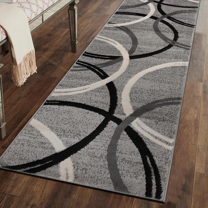 Rugshop Wavy Circles Jute Backing Living Room Runner Rug Gray 2'7" x 6' | Rectangular, Size 2'7" x 6', Bedroom, Dining Room, Home Office, Kitchen, Entryway, Hallway, Nursery, Kids Room, Guest Room