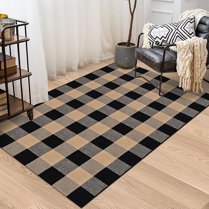Buffalo Plaid Rug 2x3 Brown and Black Checkered Rug Grid Indoor Outdoor Doormat Porch Layering Carpet Cotton Woven Washable Area Mat for Patio Entryway Farmhouse Decor