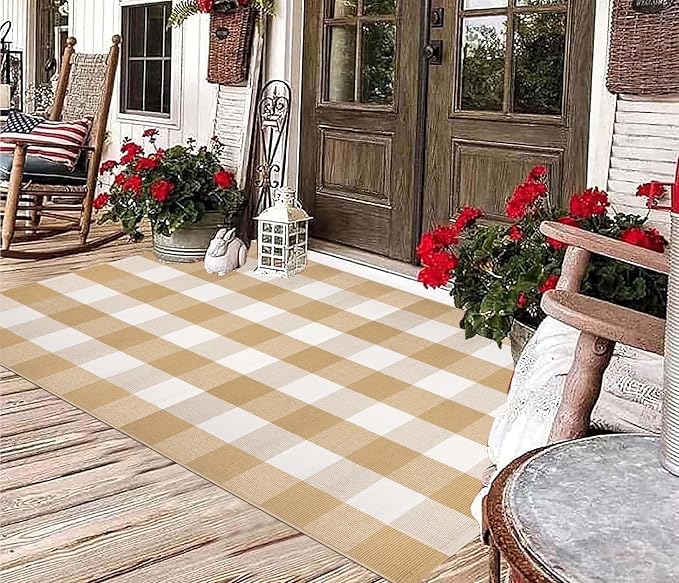 3' x 5' Outdoor Rug, Checkered Washable Rug Khaki and White Front Porch Rug Washable Front Door Mat Outdoor for Hello Welcome Mat, Bedroom, Entryway, Patio