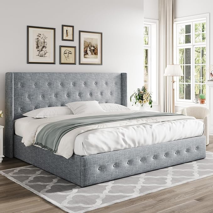 Allewie King Size Lift Up Storage Button-Tufted Bed Frame Blue Grey | Modern Wingback Headboard, Hydraulic Support Storage, No Box Spring Needed