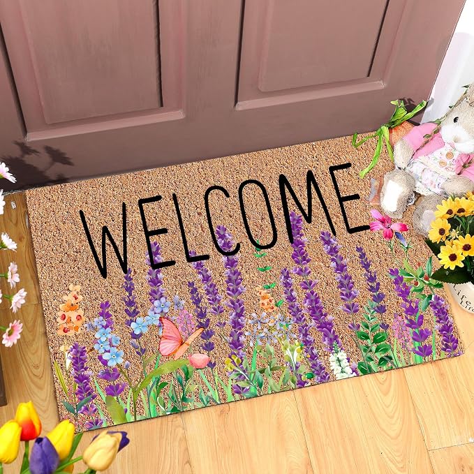 Ceenna Spring Doormat Outdoor Lavender Butterfly Flower Welcome Coir Doormat Spring Front Door Mat with Non Slip Backing Purple Flower Outside Mat Front Porch Rugs for Home Entrance, 16 x 28 Inches