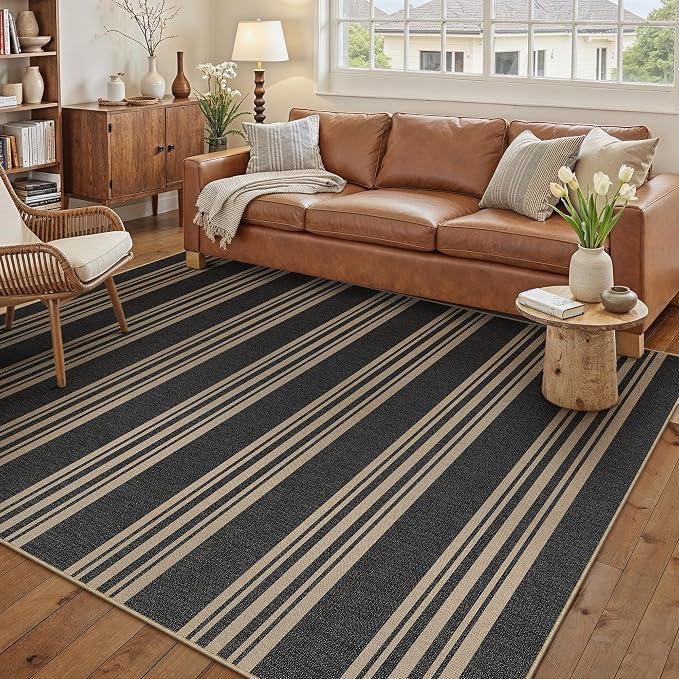 PureCozy Striped Easy Jute Rug 5x8 Black Living Room Carpet Washable Non Slip Bedroom Office Rug Farmhouse Neutral Non Shedding Indoor Outdoor Large Carpet for Kitchen Dining Room