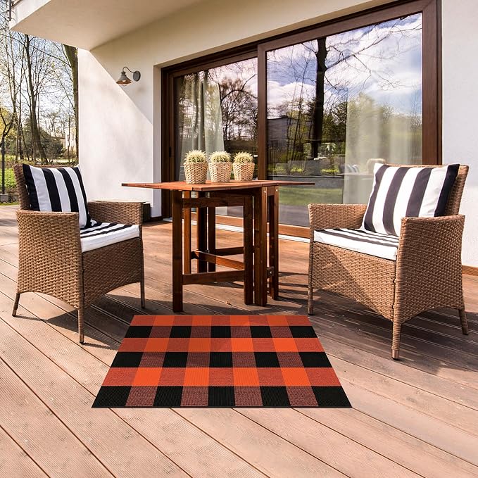Buffalo Plaid Rug 2x3 Orange and White Outdoor Rug Checkered Cotton Woven Washable Front Porch Fall Layered Door Mats Carpet for Indoor Outdoor Entryway Farmhouse Decor