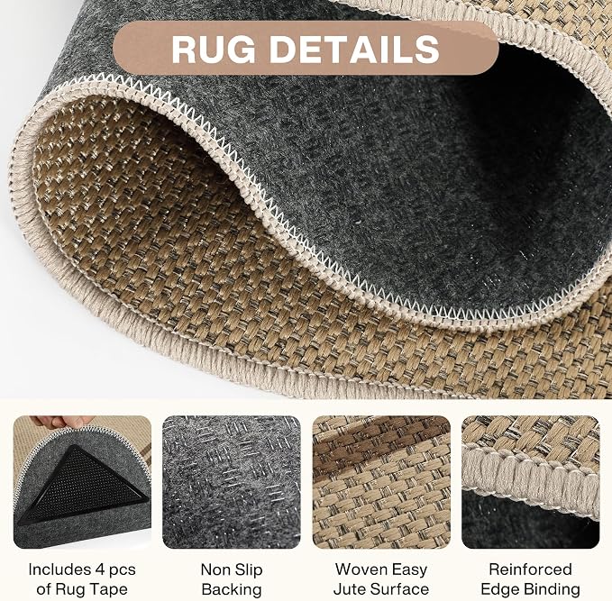 Tribesigns Scalloped Easy Jute 2x6 Kitchen Runner Rugs Non Skid Washable, Tan/Striped Low Pile Runners for Hallways, Farmhouse Indoor Outdoor Carpet for Laundry Porch Entryway