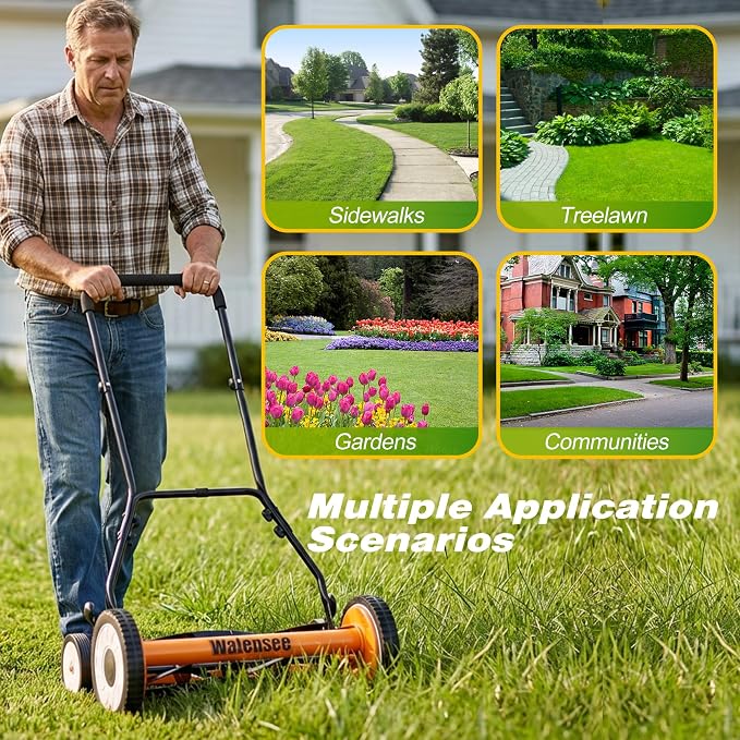 Walensee 18-Inch Manual Lawn Mower, 5-Blade Push Reel, 9 Heights | Precision-Ground Alloy-Steel Blades Deliver Clean Scissor-Like Cuts, While Manual Cordless Operation Keeps Lawn Care Quiet