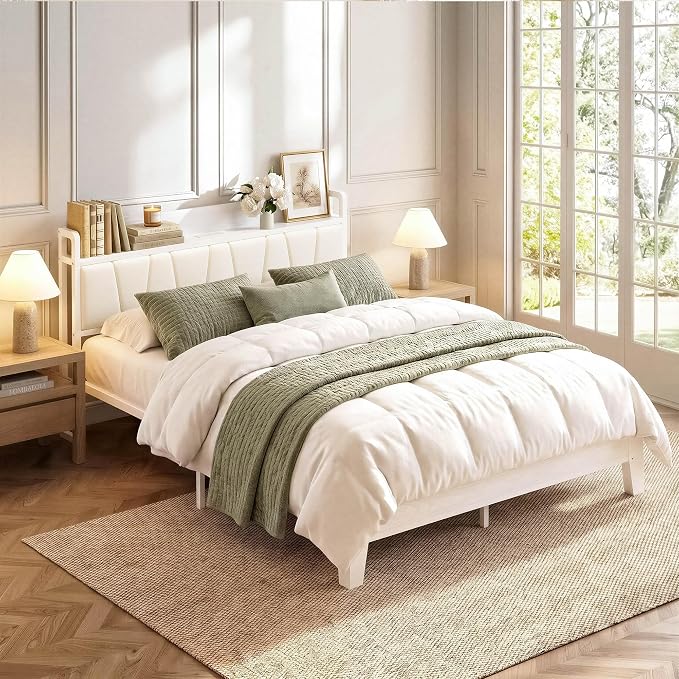 LIKIMIO Queen Bed Frames, PU Leather Storage Headboard with Charging Station, Solid and Stable, Noise Free, No Box Spring Needed, Easy Assembly, White