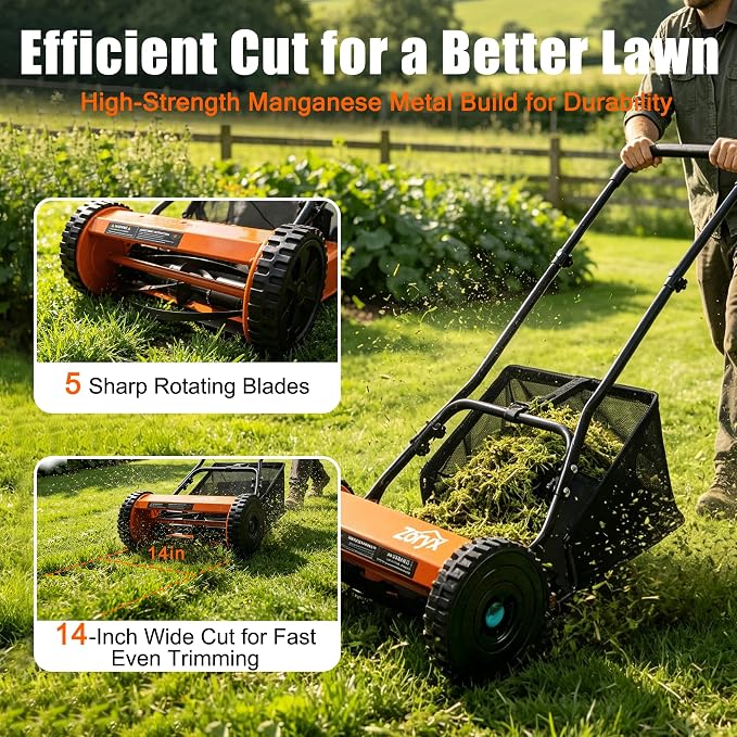 Zoryx 14-Inch 5-Blade Push Reel Lawn Mower, Manual Reel Walk Behind Mower with 5-Position Height Adjustment, Alloy Steel Blades, Quiet, Lightweight, Motorless for Small Yard