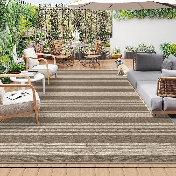 Lahome Striped Easy Jute Dining Room Rug, 8x10 Outdoor Patio Rugs Washable | Patio Living Room Area Rug, Modern Farmhouse Large Non Slip Non Shedding Carpet for Deck Sunroom Mudroom Backyard, Khaki