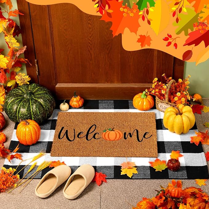 Moucuny 2 Pcs Fall Coir Doormat Outdoor 16'' x 28'' Pumpkin Welcome Doormat Layered 24'' x 35'' Buffalo Black and White Plaid Rug Fall Non Slip Floor Mat Fot Autumn Entrance Porch Front Decor