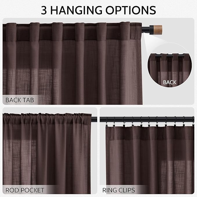 Coffee Brown Linen Curtains 80 Inch Length for Living Room Light Filtering Semi Sheer Curtain Back Tab Rod Pocket Luxury Modern Rustic Home Decor Neutral Drapes for Bedroom Dinner Room 52x80, 2 Panels