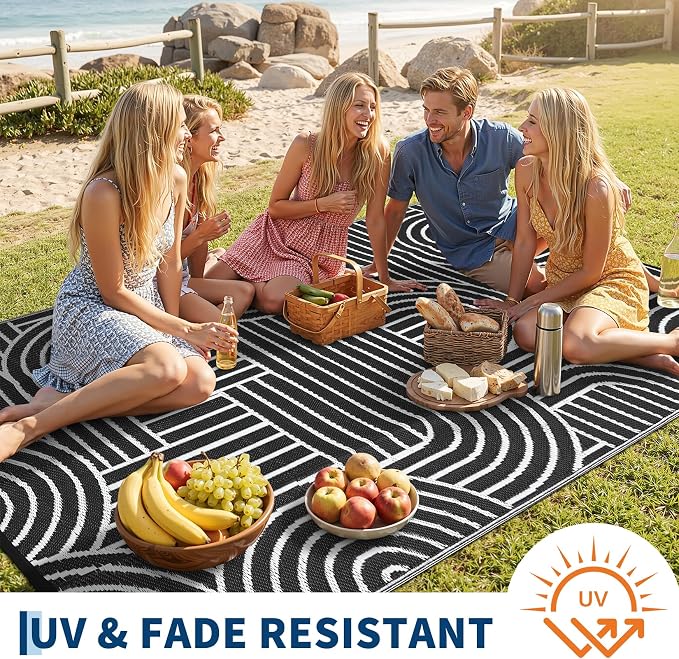 Garvee Reversible Rainbow Outdoor Rug 9x12, Waterproof Outdoor Plastic Straw Rug, RV Mat for Picnics, Patio, Camping, Balcony, Deck, Backyard, Porch, Black