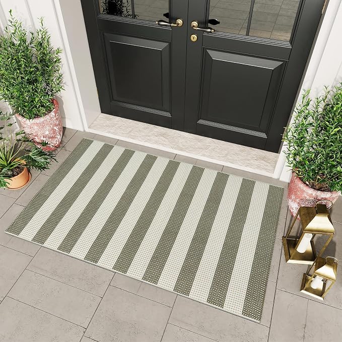 OJIA Outdoor Rug 3'x5' Washable Entryway Rugs Front Door Mat Porch Rug | Cotton Woven Fall Door Mat Front Door Rug Small Area Rug Outdoor Doormat for Porch Decor Kitchen Patio Bathroom Green/White