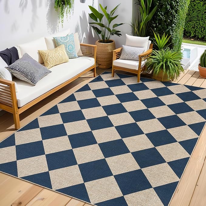 GarveeHome 9x12 Checkered Easy Jute Rugs for Bedroom Machine Washable Large Rugs Non-Slip Backing Modern Neutral Stain Resistance Carpets for Farmhouse Patio Dining Room Backyard Navy Blue