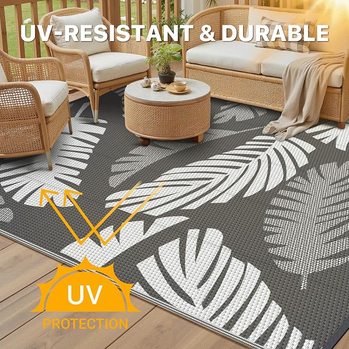 GENIMO Outdoor Rug, Waterproof Plastic Rugs for Patio, 6'x9' Grey White | Outside Larger Leaf Carpet Mat for Porch Decor, Deck, Balcony, Camping, RV, Backyard, Picnic, Beach, Reversible, Foldable