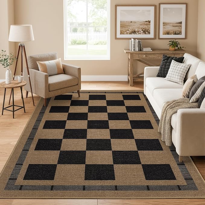 5x7 Checkered Jute Outdoor Rugs, Washable Rug for Living Room Bedroom Patio | Modern Indoor Carpet, Non Slip Farmhouse Design Neutral Geometric Office Porch Balcony Dining Room Mat, Black and Brown