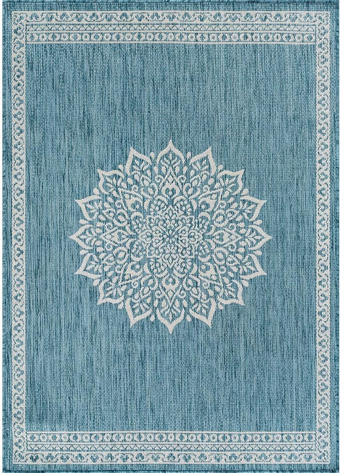 CAMILSON Outdoor Rug 8x10 Medallion Aqua Modern Area Rugs for Indoor and Outdoor Patios Kitchen and Hallway Mats Washable Porch Deck Outside Carpet (Medallion Aqua 8 x 10)