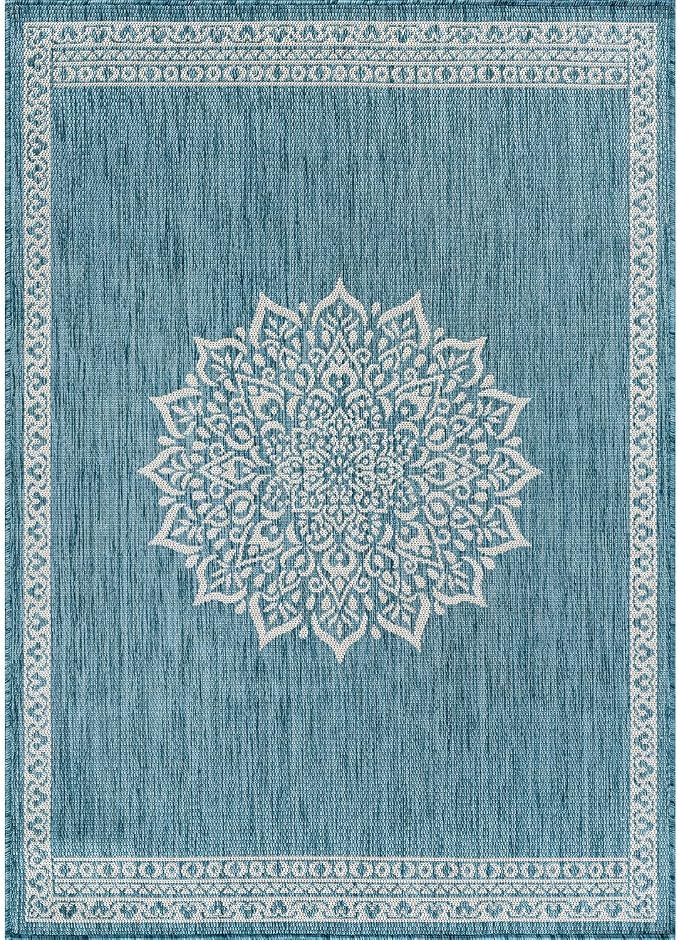 CAMILSON Outdoor Rug 10x14 Medallion Aqua Modern Large Area Rugs for Indoor and Outdoor Patios Kitchen and Hallway Mats Washable Porch Deck Outside Carpet (Medallion Aqua 10 x 14)