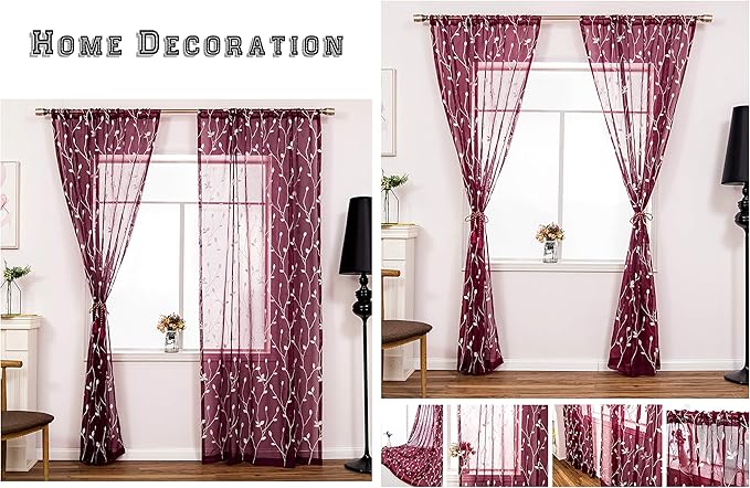 AmHoo 2 Panels Embroidered Leaf Pattern Semi Sheer Curtains Foliage Floral - Image 5