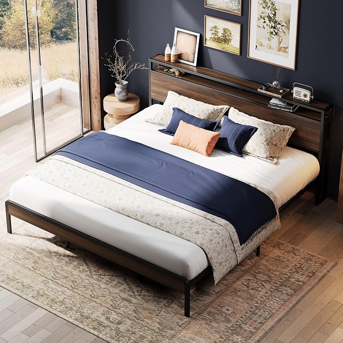 LIKIMIO California King Bed Frames with 2-Tier Storage Shelf Headboard | Dark Wood Platform Bed, Camas California King with Strong Metal Support, Sturdy, Noise-Free, No Box Spring Needed,Dark Walnut