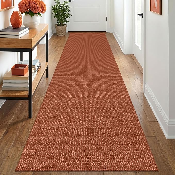 IOHOUZE Washable Runner Rug 2.6x12 Non Slip Rubber Backed Extra Long Hallway Runner Entryway Runner Indoor, Kitchen Rugs Woven Cotton Floor Carpet for Hall Entrance, Burnt Orange/Tan