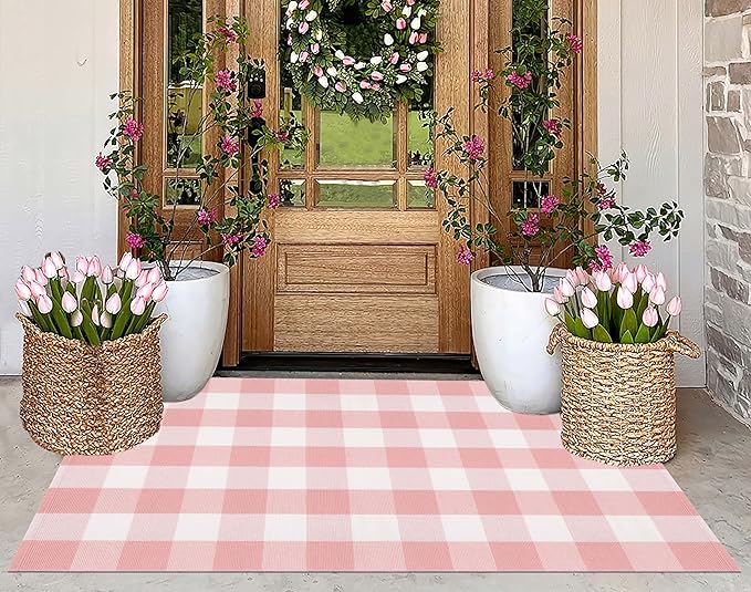 Pink Area Rug 3x5 for Entryway, Checkered Porch Rug, Cotton Washable Throw Rug for Beside Girls' Bedroom, Classroom Kitchen Front Door Indoor Outdoor Entrance