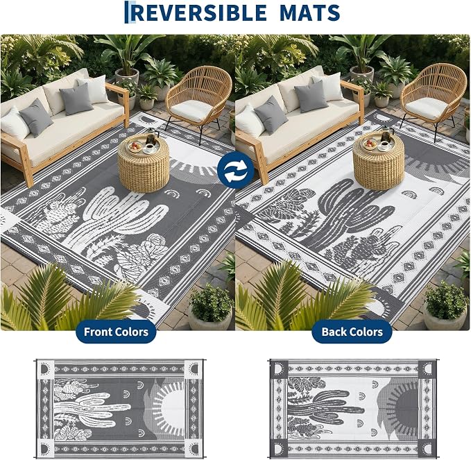 Garvee Reversible Cactus Outdoor Rug 8x10 for Patio, Waterproof Outdoor Area Rug, Modern Desert Botanical Indoor Outdoor Rugs, Plastic Straw Rug for RV, Camping, Deck, Grey