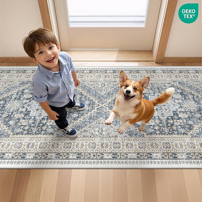 Washable Runner Rug 2.5x16, Non-Slip Long Kitchen Mats for Floor, Vintage Rug for Entryway, Soft Hallway Runner for Dining Room, Bedroom, Living Room(Blue/Beige,2.5'x16')