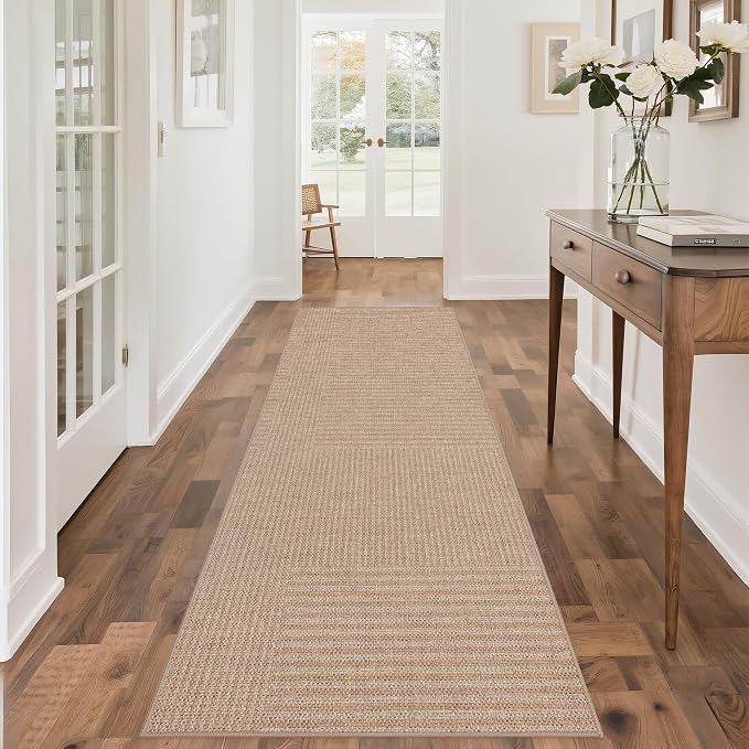 Non-Slip Jute Rug for Entryway: 2.5x8 Outdoor Mat - Beige Stripes | Safe Walking for Family All Day and Help with Cutting Slip Falls by 70%