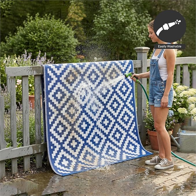 FH Home Outdoor Rug - Waterproof, Fade Resistant, Reversible - Premium Recycled Plastic - Geometric - Large Patio, Deck, Sunroom, Camping, RV - Aztec - Blue & White Crease Free - 6 x 9 ft