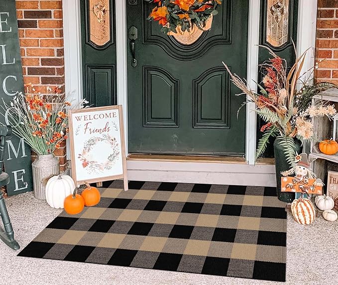Tan and Black Door Mats Outdoor 27.5''X 43.3''Checkered Spring Front Porch Rug Cotton Washable Small Area Rug for Hello Welcome Layered Entryway Bedroom Living Room